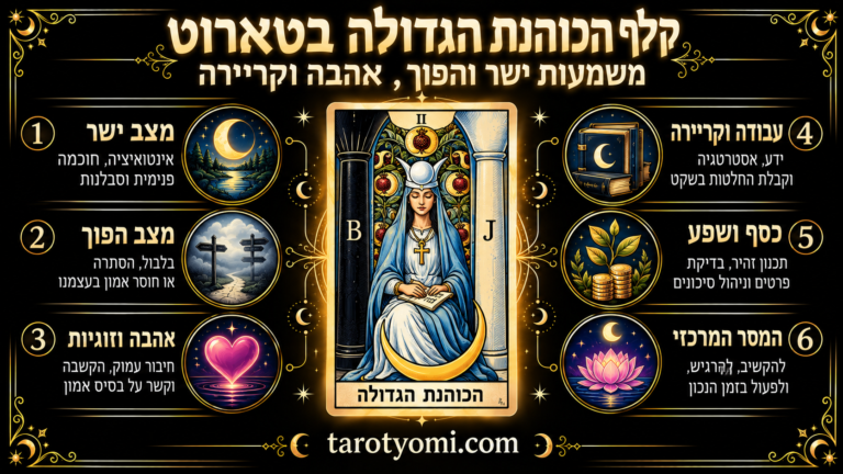 אינפוגרפיקה של קלף הכוהנת הגדולה בטארוט על רקע שחור וזהב, עם עמודי B ו־J, סהר, פירוש ישר והפוך ומשמעות באהבה, בקריירה ובכסף.