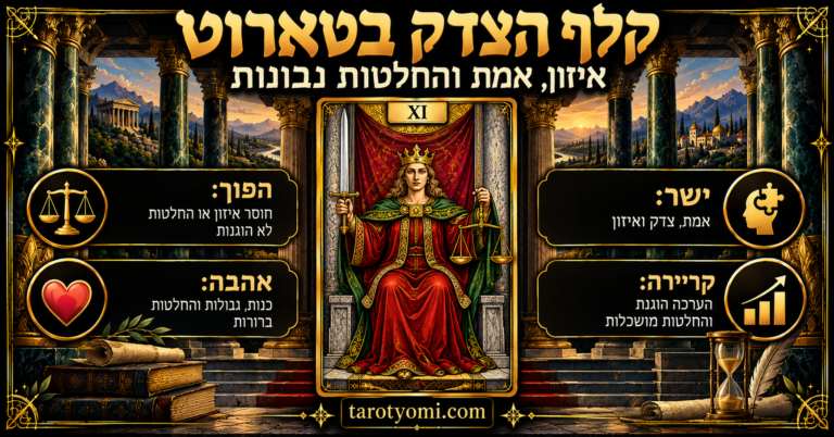 אינפוגרפיקה בעברית של קלף הצדק בטארוט XI, דמות מוכתרת בין עמודים עם חרב ומאזניים, על רקע שחור וזהב, ופירושים לצדק ישר והפוך, אהבה וקריירה.