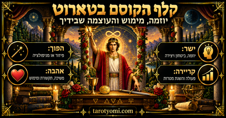 אינפוגרפיקה בעברית של קלף הקוסם בטארוט I, דמות עם מטה מורם, סמל אינסוף וארבעת כלי הטארוט, בעיצוב שחור וזהב, כולל משמעות ישר והפוך, אהבה וקריירה.