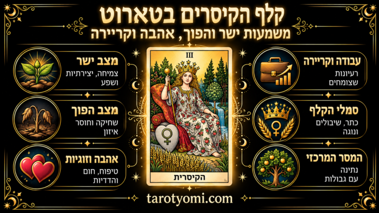 אינפוגרפיקה של קלף הקיסרית בטארוט על רקע שחור וזהב, עם כתר כוכבים, שדה חיטה, סמל נוגה ופירושים לאהבה, קריירה ומצב ישר והפוך.