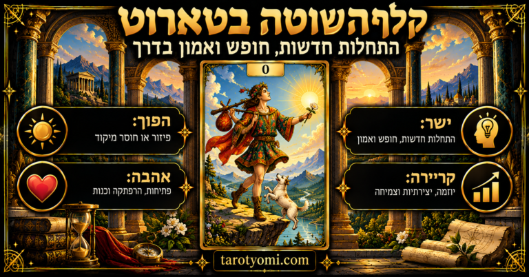 אינפוגרפיקה בעברית של קלף השוטה בטארוט 0, צעיר המחזיק ורד לבן וצרור, צועד ליד מצוק עם כלב לבן, בעיצוב שחור וזהב, עם משמעויות ישר והפוך, אהבה וקריירה.
