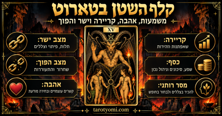 אינפוגרפיקה של קלף השטן בטארוט XV על רקע שחור וזהב, עם דמות מקורננת, לפיד ושתי דמויות כבולות בשרשראות, ופירושים לאהבה, קריירה, כסף ושחרור מתלות.