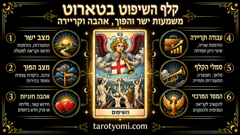 אינפוגרפיקה של קלף יום הדין בטארוט על רקע שחור וזהב, עם מלאך תוקע בחצוצרה, דמויות קמות, פירוש ישר והפוך ומשמעות באהבה ובקריירה.